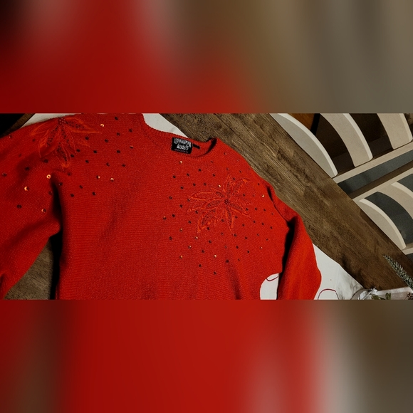 Vintage 80's Bubbles International Red Poinsettia Wool Sweater - Picture 2 of 4